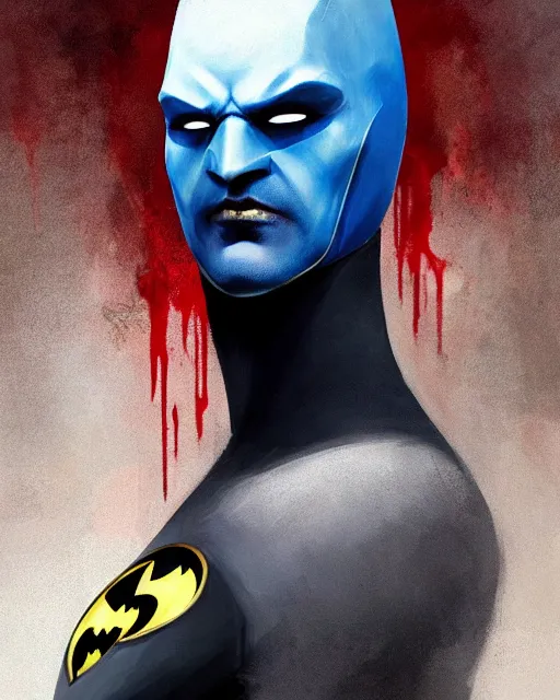 Image similar to character portrait of a slender young batman with blood stains in his face, piercing bright blue eyes, and pale skin, by greg rutkowski, mark brookes, jim burns, tom bagshaw, trending on artstation