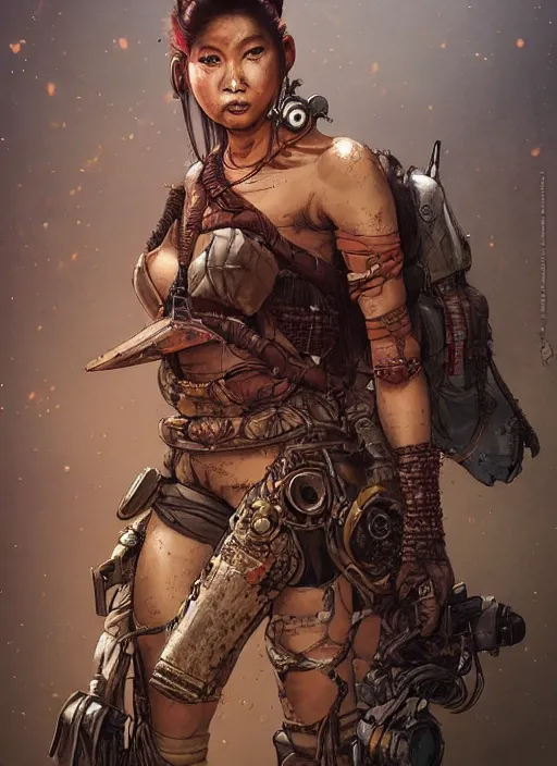 Image similar to hyper realistic photography portrait of postapocalyptic cyberpunk asian cyborg tribal warrior amazon cinematic, muppet show, brom, mucha, moebius juan gimenez artstation, cgsociety