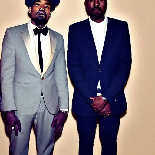 Prompt: A photo of Chance the Rapper and Kanye West standing side by side in suits by Wes Anderosn, 8K concept art, vintage, shot on Kodak Ektar