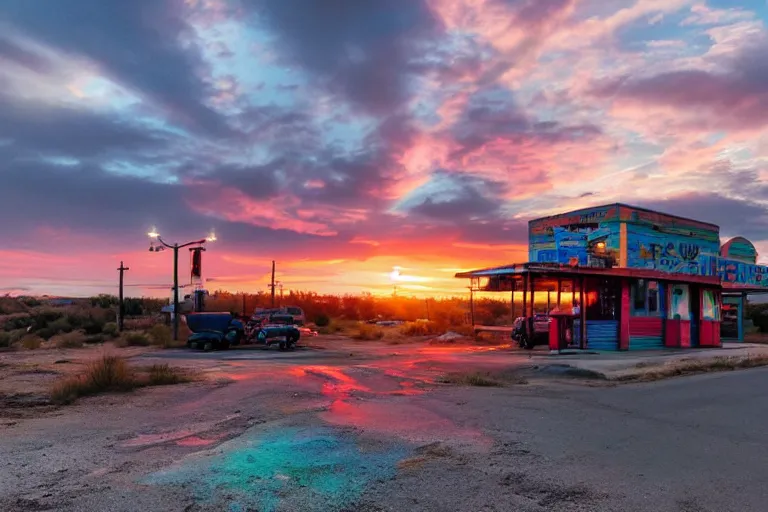 Image similar to a sunset light landscape with historical route 6 6, lots of sparkling details and sun ray ’ s, blinding backlight, smoke, volumetric lighting, colorful, octane, 3 5 mm, abandoned gas station, old rusty pickup - truck, beautiful epic colored reflections, very colorful heavenly, softlight