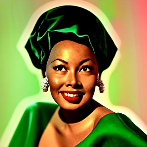 Image similar to colorized photo of a beautiful and elegant 1 9 5 8 black actress in a green gown