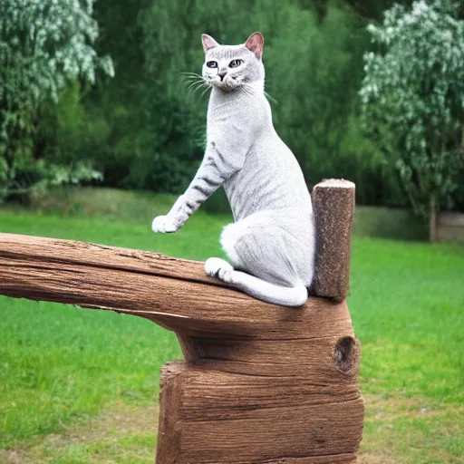 Image similar to highly detailed anthropomorphic cat doing yoga poses on long and thin scratchpost