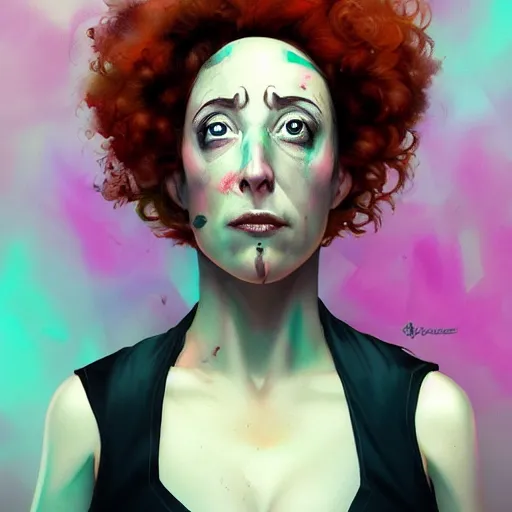 Image similar to portrait of kristen schaal as delirium of the endless, the sandman, made by caravaggio stanley artgerm lau wlop rossdraws artstation cgsociety concept art cgsociety octane render