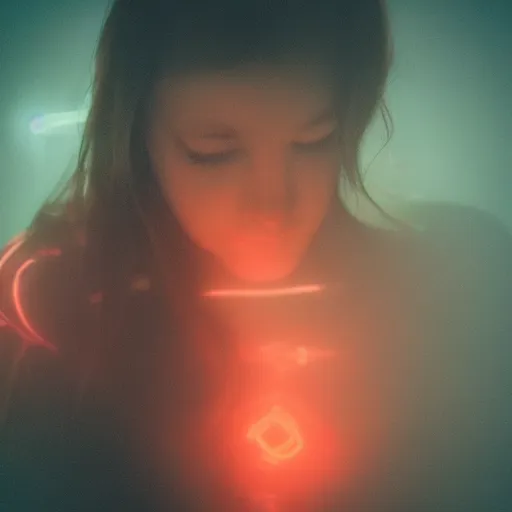 Prompt: realistic fantasy portrait of sad girl in neon light, fog around