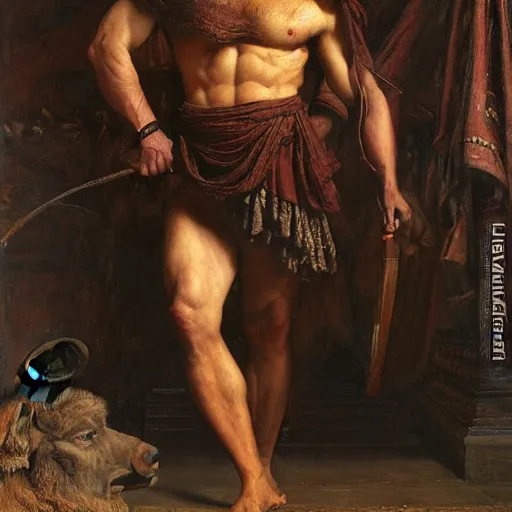 Prompt: Minotaur. Muscular warrior with the head of a Bison (buffalo). Orientalist portrait by john william waterhouse and Edwin Longsden Long and Theodore Ralli and Nasreddine Dinet, oil on canvas. Cinematic, hyper realism, dramatic lighting, high detail 4k