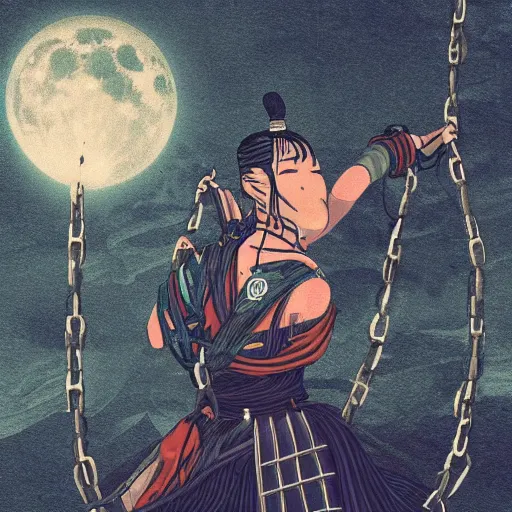 Prompt: samurai woman wrapped in chains , full moon background , horror