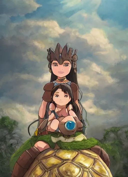 Image similar to portrait of a little warrior girl character sitting on top of a giant armored turtle in the desert, studio ghibli epic character with dark skin and beautiful green eyes. the girl has a very beautiful detailed symmetrical face, long black hair, the turtle has a big smiling face and closed eyes, bright colors, diffuse light, dramatic landscape, fantasy illustration