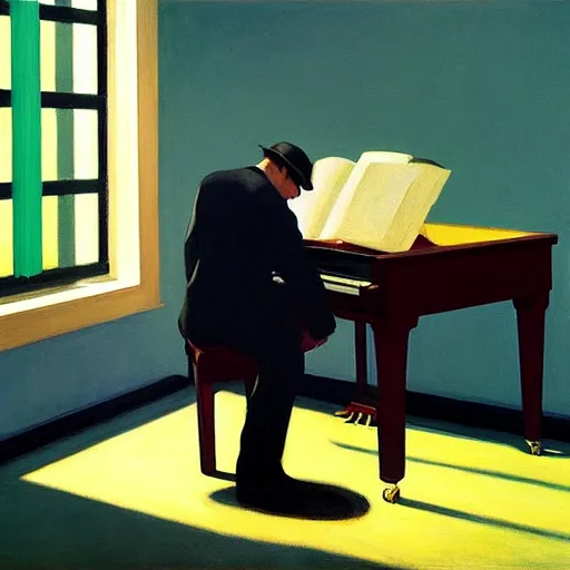 Prompt: painting of a piano player. by edward hopper and james gilleard