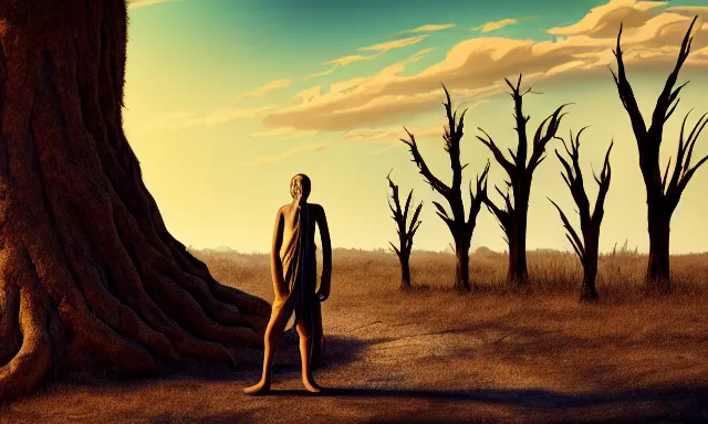 Image similar to medium shot of a crying ancient dried up Danu, peaceful, facing the camera and standing in front of a dried up river in a desolate land, dead trees, blue sky, hot and sunny, highly-detailed, elegant, dramatic lighting, artstation, 4k, cinematic landscape, photograph by Elisabeth Gadd