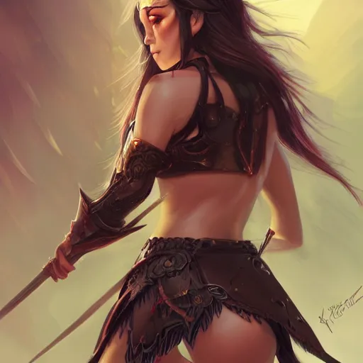 Image similar to warrior girl in bikini armor, long black hair, gorgeous round face, amazing, elegant, intricate, highly detailed, digital painting, artstation, concept art, sharp focus, illustration, art by ross tran