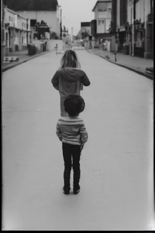 Image similar to photo polaroid of sad and lonely child in the middle of the street, looks towards a funfair, loneliness, black and white ,photorealistic, 35mm film,high detailed