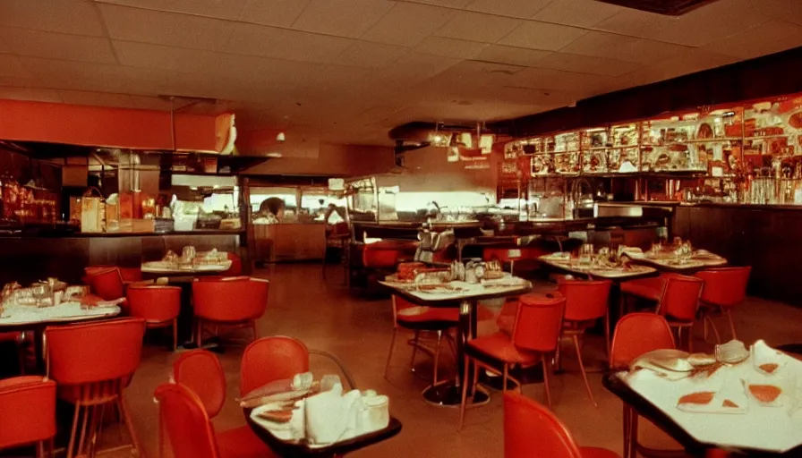 Prompt: 70s movie still of a restaurant , cinestill 800t Technicolor, heavy grain, high quality, criterion collection, liminal space style