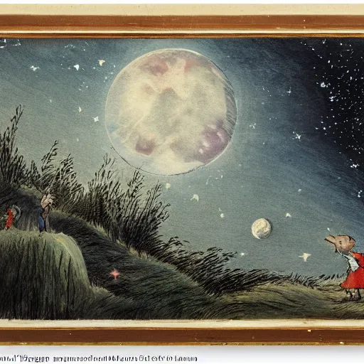 Prompt: night sky, stars, personified smiling moon prominently in the center, surrounded by clouds, landscape, illustrated by peggy fortnum and beatrix potter and sir john tenniel