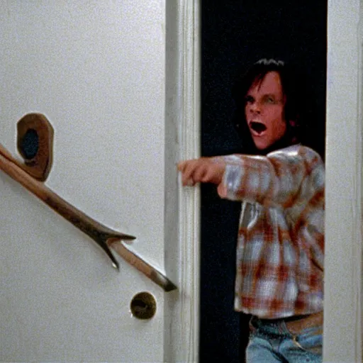 Prompt: here's johnny, jack nickelson breaking through the door with an axe, in the movie the shining