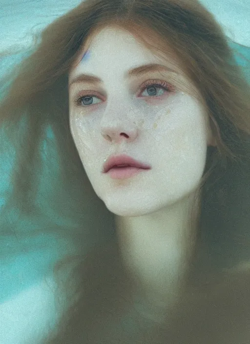 Prompt: Kodak Portra 400, 8K,ARTSTATION, Caroline Gariba, soft light, volumetric lighting, highly detailed, britt marling style 3/4 , extreme Close-up portrait photography of a beautiful woman how pre-Raphaelites with her eyes closed,inspired by Ophelia paint, the face emerges from water of Pamukkale, underwater face, hair are intricate with highly detailed realistic beautiful flowers , Realistic, Refined, Highly Detailed, interstellar outdoor soft pastel lighting colors scheme, outdoor fine art photography, Hyper realistic, photo realistic