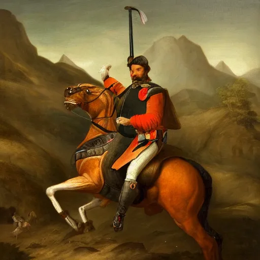 Image similar to portrait oil on canvas of a man mounted on horseback while raising a sword with his right hand pointing north, behind him in the vast distance 1 0 0 warriors can be seen fighting with swords and muskets, light, cloudy, mountains in the background,