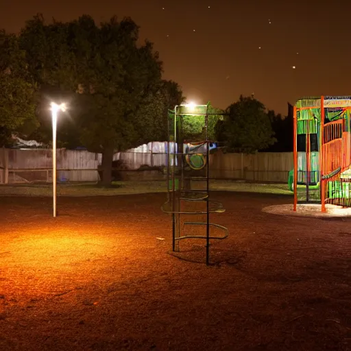 Prompt: a playground at night with only one orange light, creepy, found footage