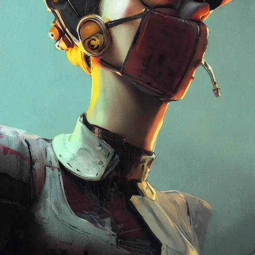 Prompt: concept art character, very high angle view, book cover, very attractive woman with full lips, walking in cyberpunk valley highly realistic, fine details, borderland 3 style, Painting, by Ashley Wood and Jamie Hewlett