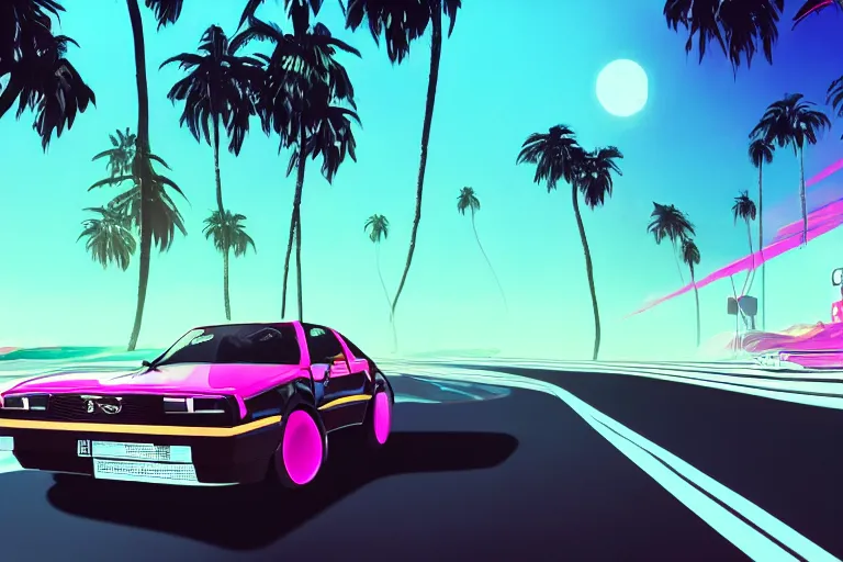 Image similar to render of a nissan driving along the coast highway, synthwave, outrun, 8 0 s, stylistic, neon, palms, 8 k wallpaper, digital art, trending on artstation