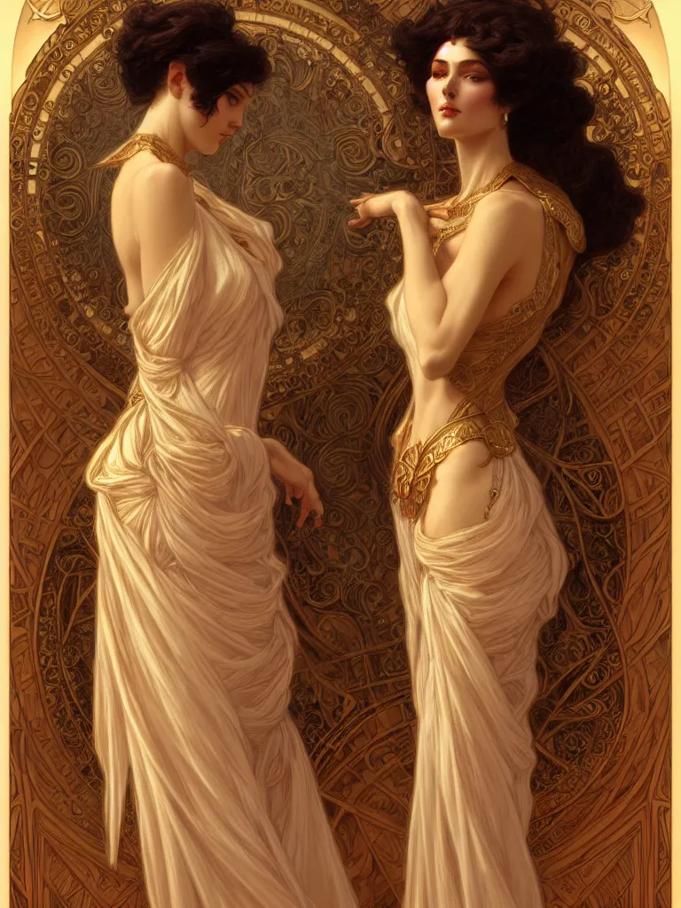 Image similar to character portrait of a woman, tall, feminine, powerful, modestly clothed, voluminous, intricate, elegant, highly detailed, digital painting, artstation, smooth, symmetrical, sharp focus, illustration, art by gaston bussiere and alphone mucha