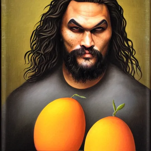 Image similar to jason momoa as a mango, lowbrow painting by mark ryden