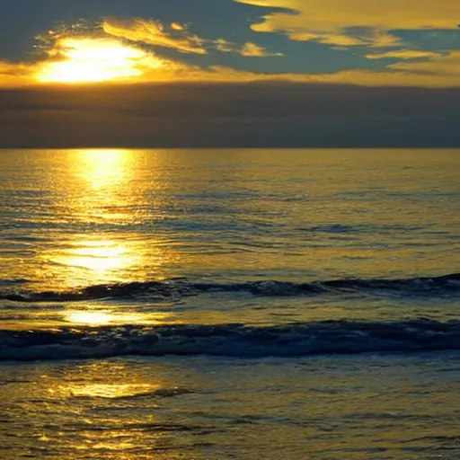 Image similar to sunset on the ocean, water is glowing golden, gold colored glowing water, sun surrounded by blackness, sky completely dark, night sky with stars visible with the sun still on the horizon