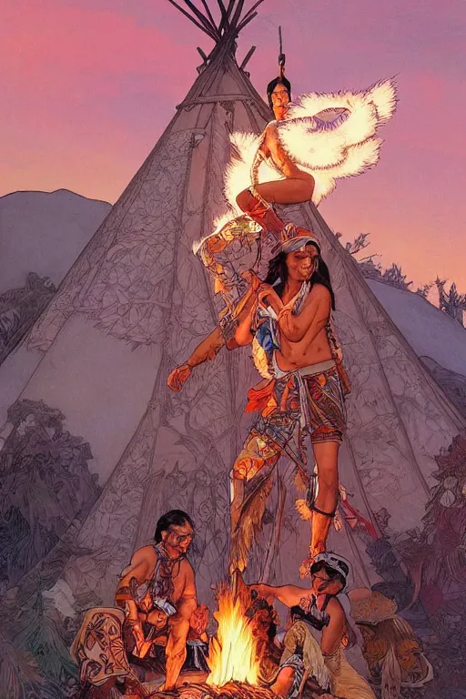 Image similar to serene scene of native americans around a fire in front of a tipi, by artgerm and yoshitaka amano and moebius and alphonse mucha, hyperdetailed, dc comics, ornate, nebula, explosions in the sky, trending on artstation