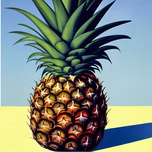 Image similar to le fils de l'homme but with a pineapple, painting by rene magritte, high detail, high resolution