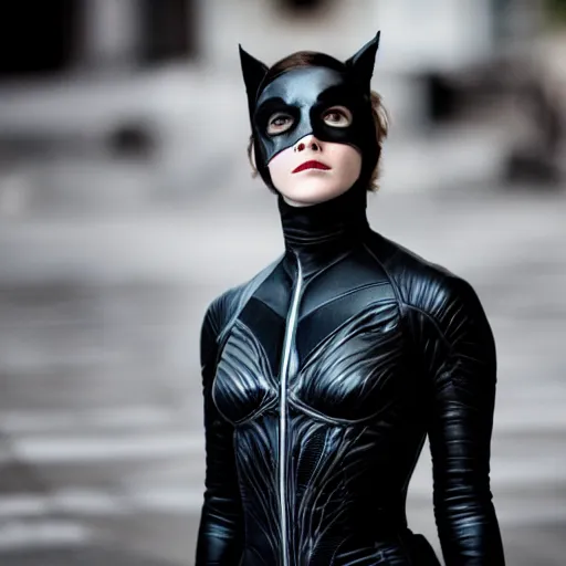 Image similar to Emma Watson as Catwoman, Fujifilm X-T3, 1/1250s at f/2.8, ISO 160, 84mm, 8K, RAW, symmetrical balance, Dolby Vision, HDR, Luminar AI