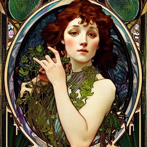 Prompt: realistic detailed face portrait of Audrey Plaza as GAIA by Alphonse Mucha, Ayami Kojima, Amano, Greg Hildebrandt, Art Nouveau, Neo-Gothic, gothic, blues, greens and gold