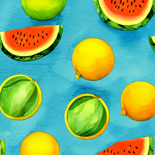 Prompt: hd retro illustration of watermelons and lemons, inspired by watercolor painting masterpieces