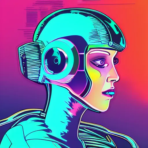 Image similar to a portrait of a beautiful cyborg, in retro colors, synthwave style, 2 d digital vector art