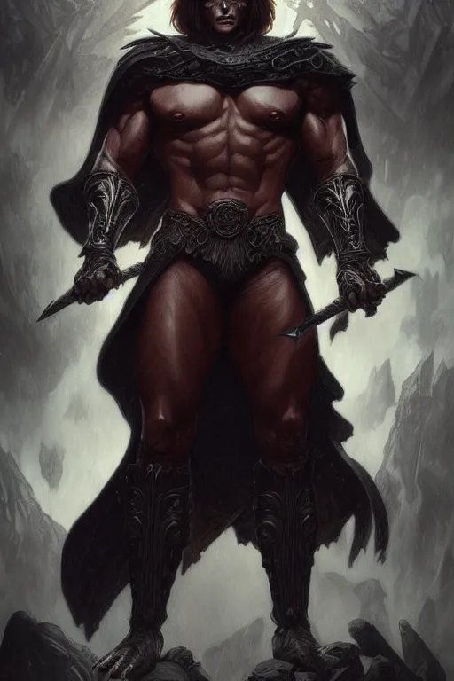 Prompt: uncut full body portrait of dark and mysterious and eerie and ominous he - man, cinematic, epic, highly detailed, intricate, sharp details, illustration, artwork by artgerm and greg rutkowski and alphonse mucha