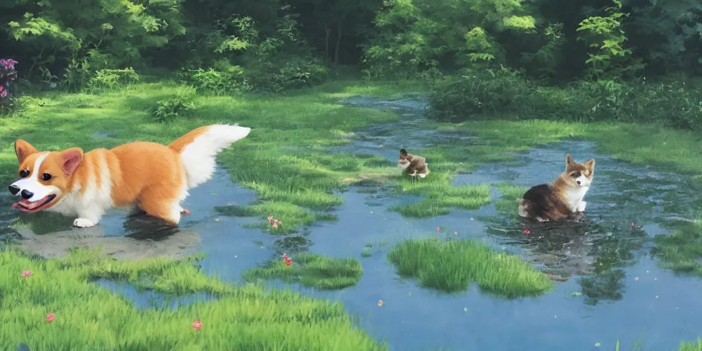 Image similar to A corgi by a pond, there is blue sky, there is water splash, there are kittens by the pond, the atmosphere is cheerful, the colors are bright, high picture quality, by Makoto Shinkai