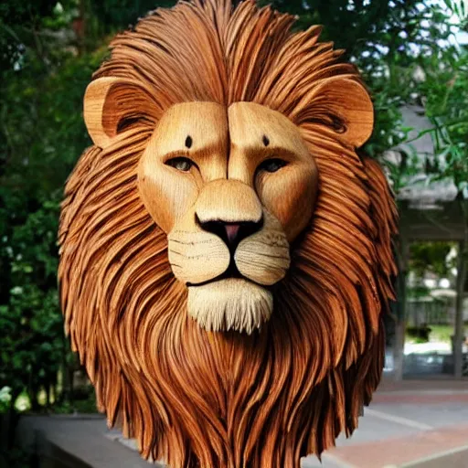 Image similar to lion made out of wood, detailed, realistic,