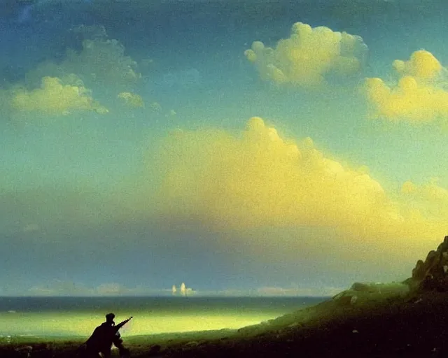 Image similar to A slightly silhouetted figure of a man with a guitar, clouds that look like mountains high in the sky, the clouds are a deep blue purple color with the sun blazing behind the clouds, art by Ivan Aivazovsky