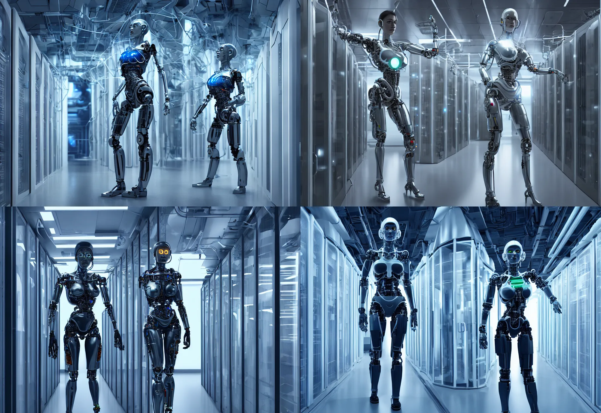Prompt: female cyborg in data center, whole body, whole figure, character design, proportional human body, cinematic realistic, detailed, composition, hyper realistic octane render 8 k