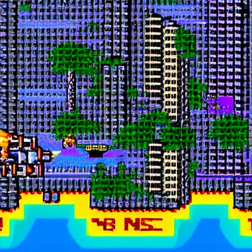 Prompt: snes 1 6 bit graphics of a tsunami crushing a futuristic city, snes graphics, retro graphics, 1 6 - bit pixel graphics, pixel art