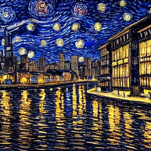 Prompt: prtrait of modern cityscape at night, 8 k, intricate, starry night, highly detailed