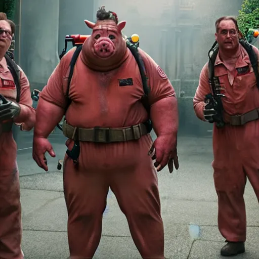 Image similar to Live Action Still Pig Man As Ghostbusters, real life, hyperrealistic, ultra realistic, realistic, highly detailed, epic, HD quality, 8k resolution, body and headshot, film still,Exquisite detail, post-processing, masterpiece, Cinematic Lighting, Unreal Engine, 8k, HD
