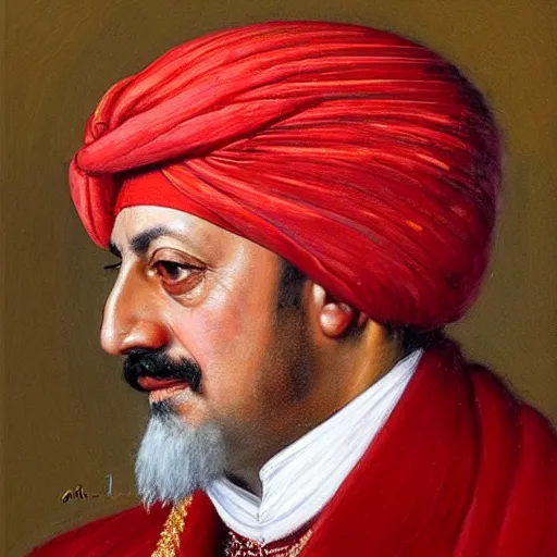 Image similar to Oil Painting of Recep Tayyib Erdoğan as Sultan Süleyman, red Oval Turban, close-up, very detailed facial features, by Osman Hamdi Bey