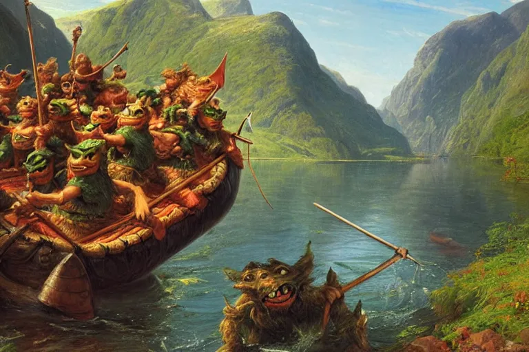 Image similar to a group of green goblins riding on a raft in a norwegian fjord by justin gerard by thomas cole