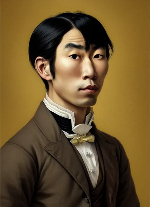 Image similar to a portrait of a young asian man with a crooked nose in victorian clothing, confident pose, intricate, elegant, sharp focus, illustration, highly detailed, concept art, matte, trending on artstation, anime, art by james jean and artgerm and brian despain and alberto mielgo, greg rutkowski, wlop, ilya kuvshinov, strong strokes