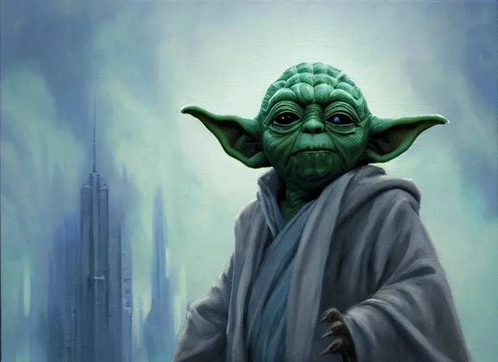Prompt: Beautiful oil painting of Yoda as a force ghost on Coruscant by Titian and Chie Yoshii, portrait, Star Wars, intricate, face, elegant, light blue mist, futuristic cityscape, highly detailed, dramatic lighting, sharp focus, trending on artstation, artstationHD, artstationHQ, unreal engine, 4k, 8k