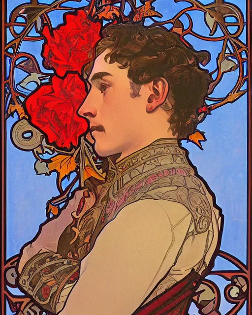 Image similar to A highly realistic painting of a knight with a rose pattern on his armor, red armour with blue pattern, deep moody colors, by Alphonse Mucha, autumn forest