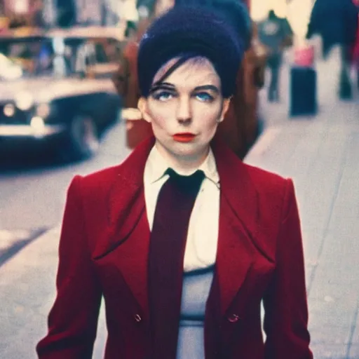 Image similar to street photography portrait of a woman in a suit in the streets of new york, 1 9 6 0 s, colour film street photography, photo taken with ektachrome, featured on flickr, photographed on damaged film