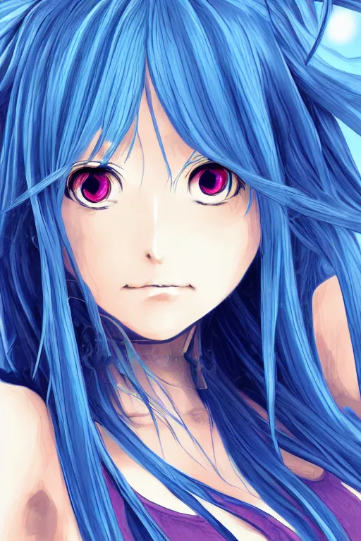 Image similar to close up portrait of an anime girl, blue long hair, by mai yoneyama, anime stile, cell shading, blurred background