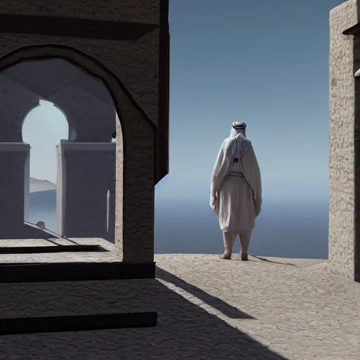 Image similar to a still of from the movie lawrence of arabia crossover with the game myst