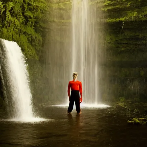 Image similar to a young man is suffering on his knees, holding his wet head with his hands in a red room, a waterfall from the ceiling