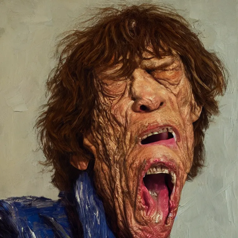 Image similar to warmly lit close up studio portrait of very old furiously angry!! Mick Jagger age 115 angrily singing, impasto oil painting thick brushstrokes by Cy Twombly and Tim Hawkinson , trending on artstation dramatic lighting Expressionism